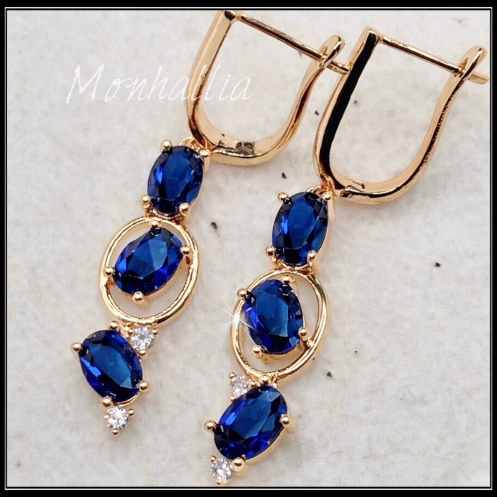 NEW 14K GOLD 3 STONE BLUE SAPPHIRE DROP EARRINGS